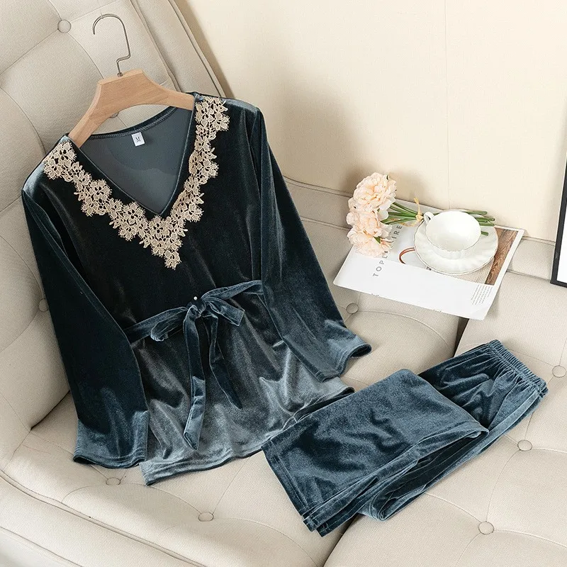 

Female Velour Sleepwear 2PCS Pajamas Suit Lace Shirt&Pants Casual Nightwear Home Clothes Autumn New Velvet Pyjamas Lingerie