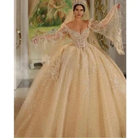 vintage feather beading sequins wedding dress flare sleeves luxury brush train ball gown custom made bridal dress robe de mariee