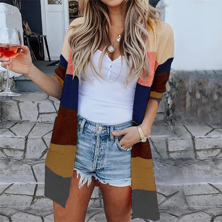 2019 осенне-зимнее вязаное Женское пальто вязаный кардиган в полоску с радужным