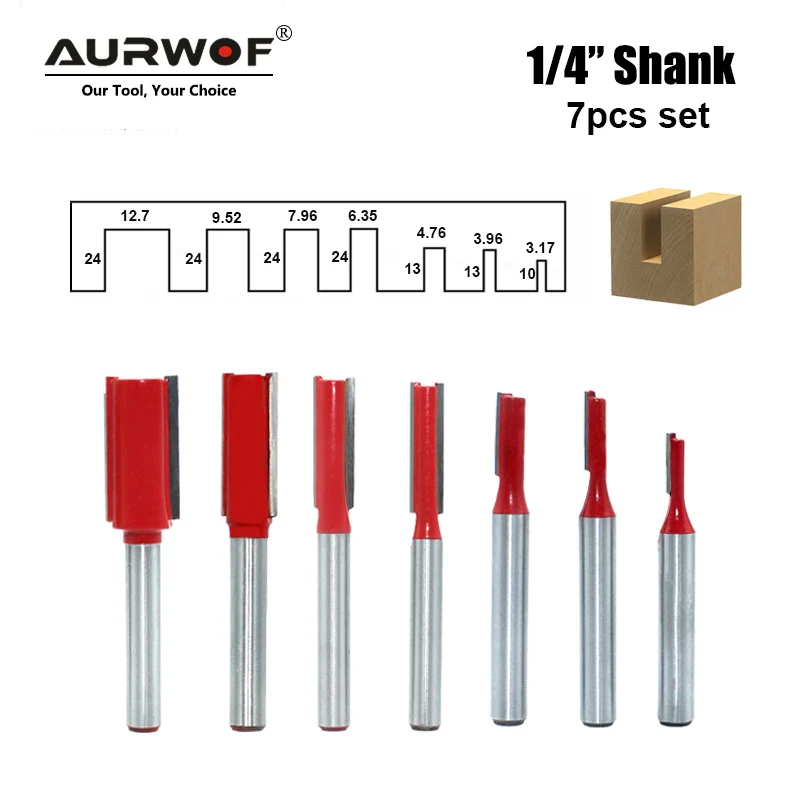 7pcs 1/4 Inch 6.35mm Shank Single Double Blade Straight Bit Router Bit Milling Cutting for Wood Tool Trimming MC01012
