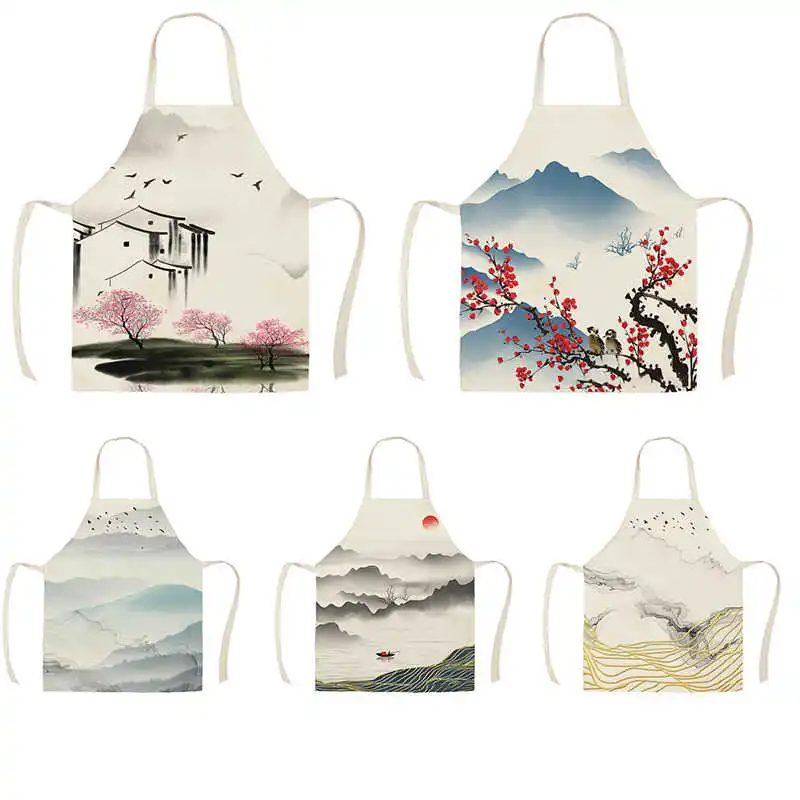 

Ancient style landscape apron adult children kitchen linen printing household cleaning household cooking antifouling apron