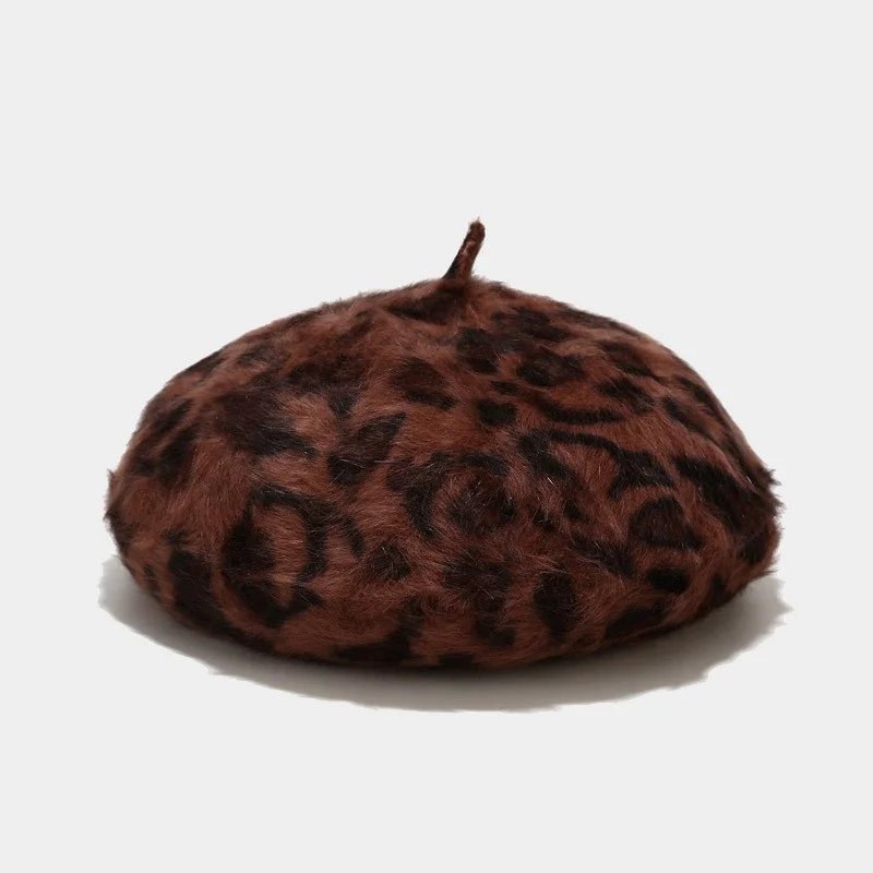 

Fashion Warm Beret hat Fashion rabbit leopard print ladies hair printed Beret For Women Gift