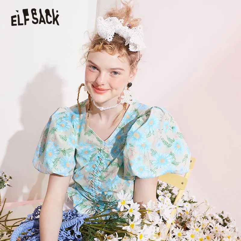 

ELFSACK Floral Print Puff Sleeve Casual Shirt Women 2021 Summer ELF Vintage Princess Style Sweety Girly Daily Holiday Top