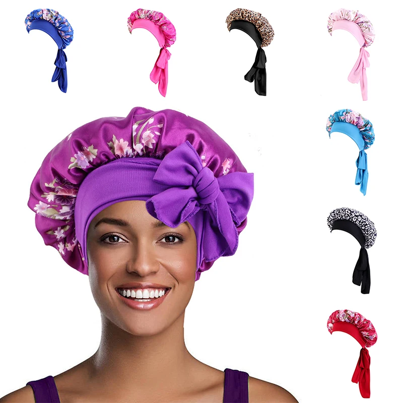 

Женская шелковая шапка для душа, шапка для ночного сна, широкая шапочка для волос, головной убор, атласная эластичная повязка для волос, голо...