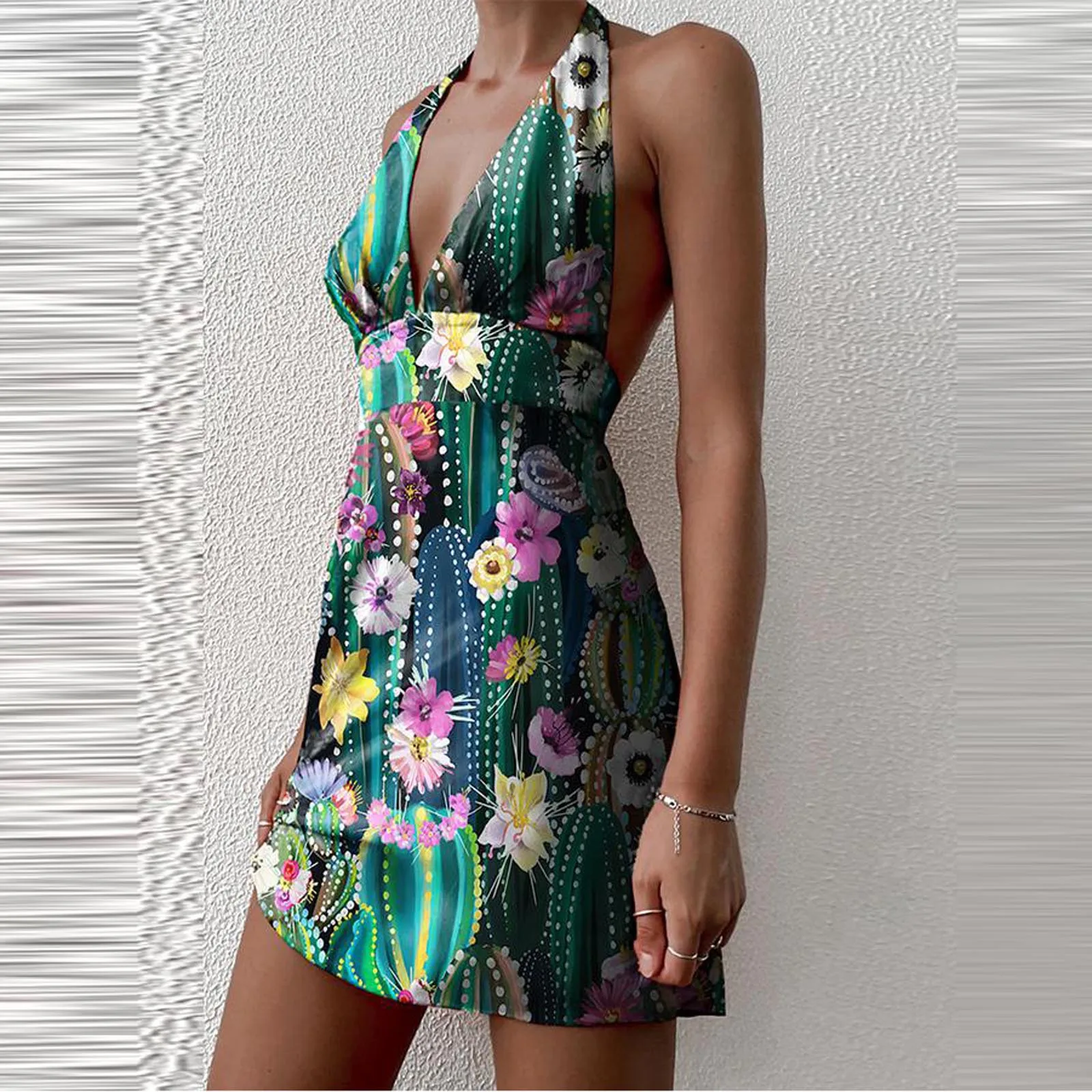 

Fashion High Quality Women's Dress Women's Flower Printed Casual Sleeveless V-neck Ladies Slim Sexy Backless Party Mini Dress