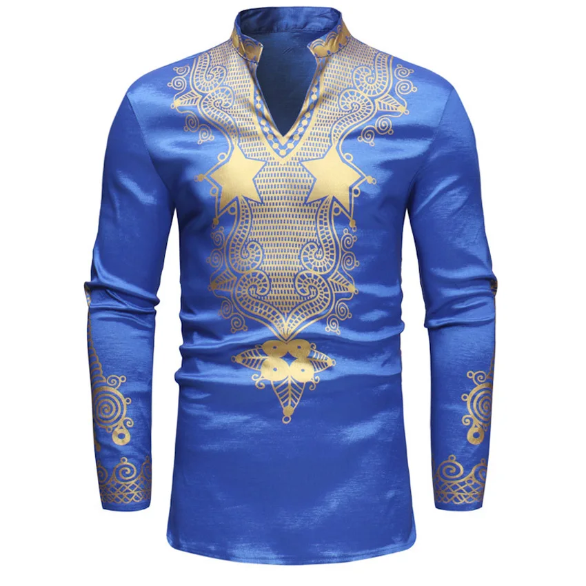 ZT-3337 Color 2 African Dresses for Men 3D Dashiki Print Full Sleeve Shirt Bazin V-neck T-shirt Male Traditional Ethnic Tribe Style Tops Outfit - Цвет: ZT-3337 Color 2