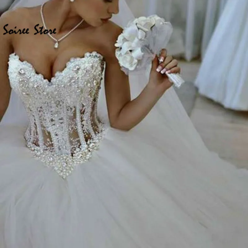 

Elegant Fluffy Wedding Dresses Sweetheart Pearls Wedding Dress Corset Top Tulle Bride Dress Boho Cinderella Ball 2020 Gelinlik