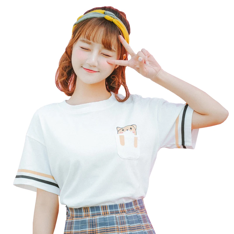 Женские футболки в японском стиле с принтом мультяшного кота Повседневная