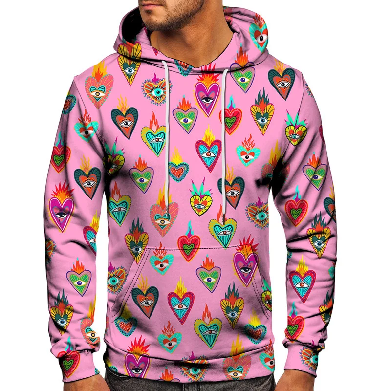 

2021 Pink Heart Hoodies Men Long Sleeve Loose 3D Print Hoodie Plus Size Autumn Winter Hoodies Male Sweatshirt Lounge Wear
