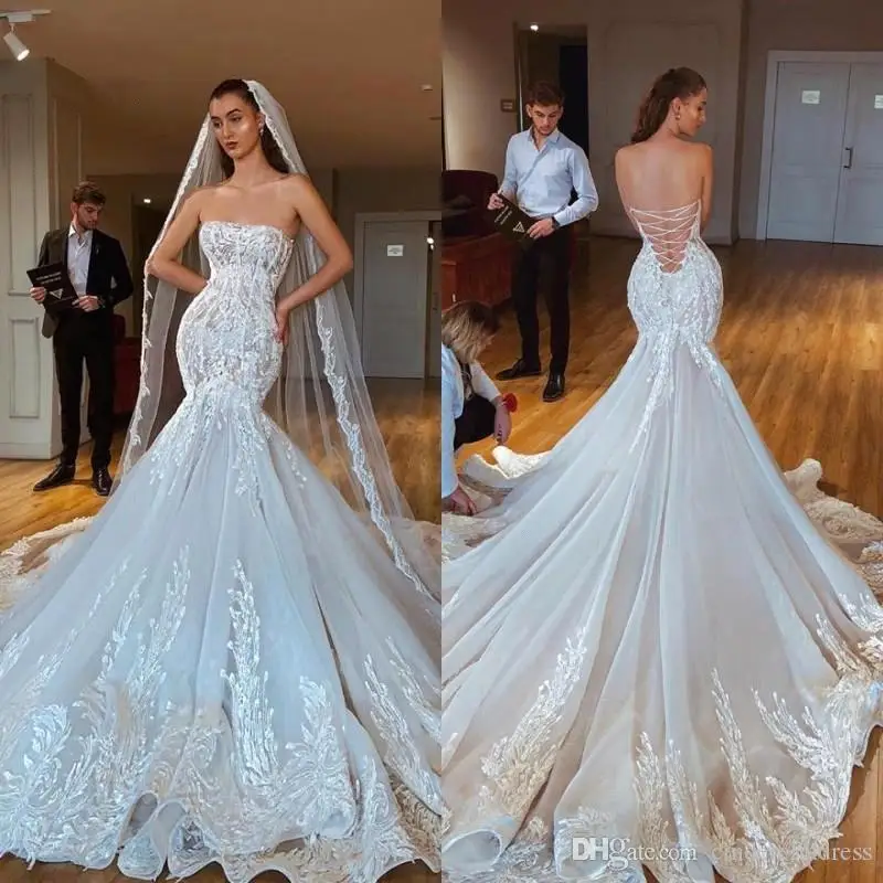 

Женское свадебное платье с юбкой годе, прозрачное кружевное платье с длинным рукавом, длинными рукавами и бантом на пуговицах, со шлейфом, ...