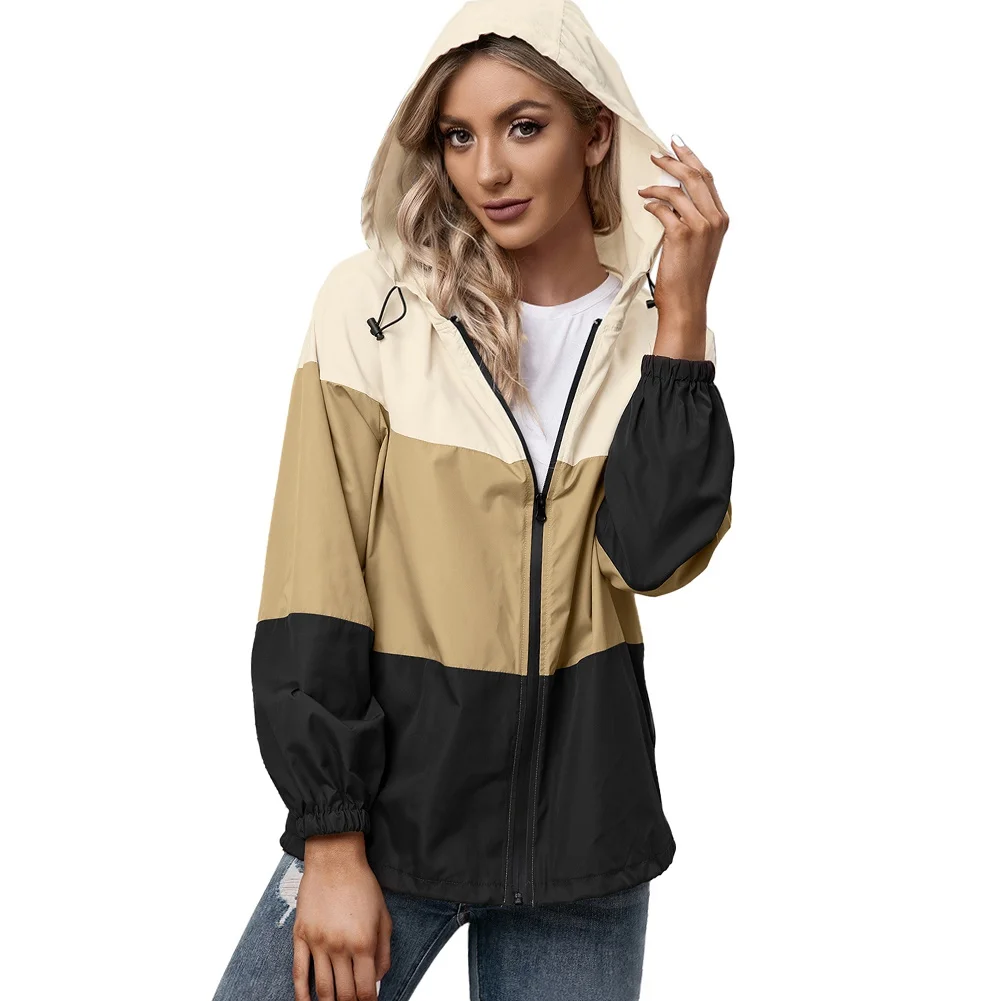 

Women Patchwork Hoodie Outdoor Jacket Waterproof Cycling Hiking Windbreakers Autumn Spring Temperament Coat