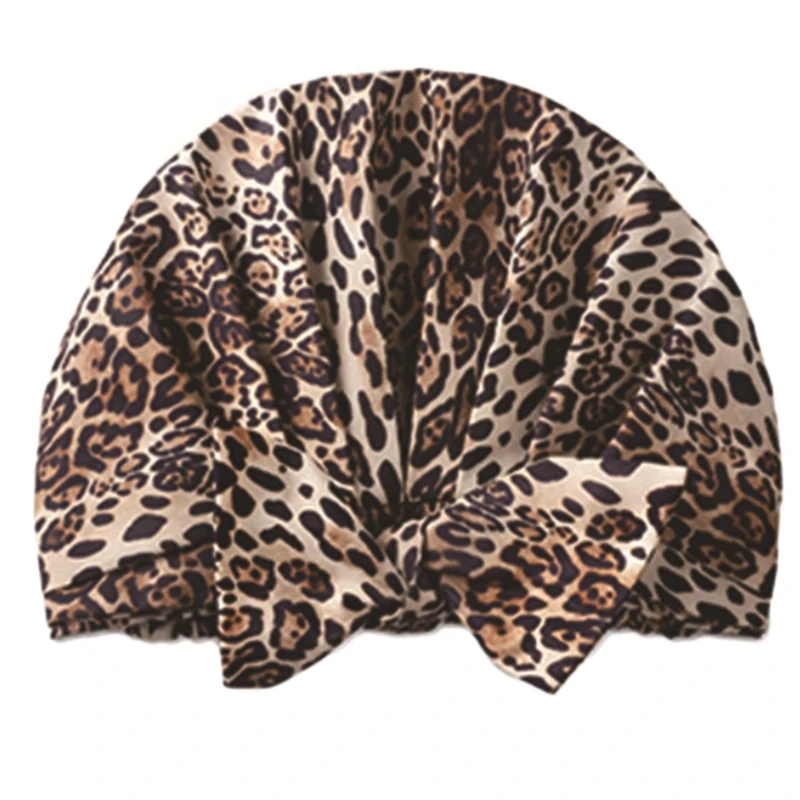 

Satin Hat in Bathing with Double-Layer Bathing Cap in Satin Reusable & Foldable Dots Leopard Decorated