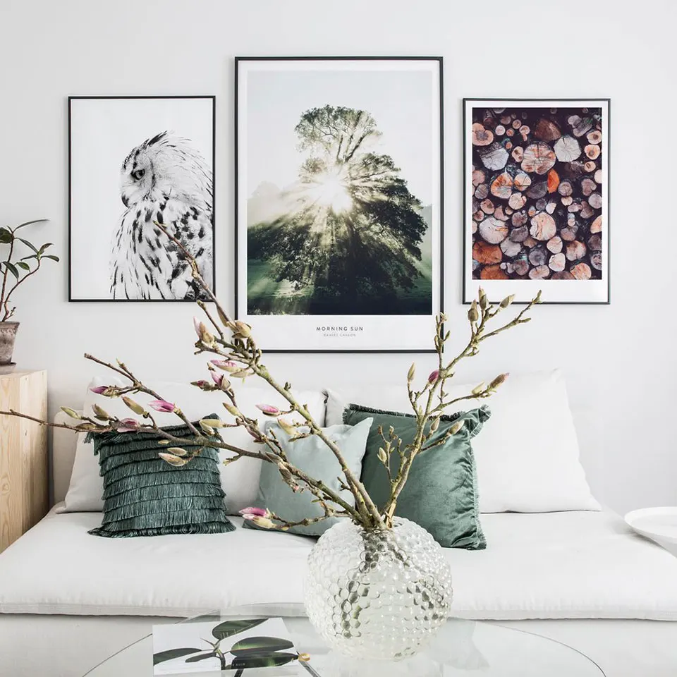 Скандинавский плакат Сова солнечное дерево холст живопись черный белый пейзаж