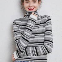 autumn winter new national wind high collar knit pullover sweater women loose casual color striped long sleeved bottoming shirt