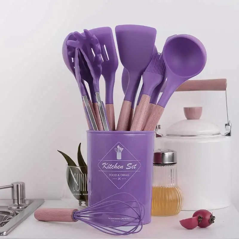 

6colors Silicone Cooking Utensils Kitchen Utensil Set Non-stick Spatula Wooden Handle with Storage Box Kitchen Tools Kitchenware