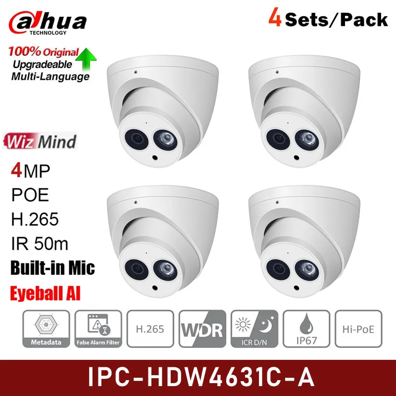

Original DH 4PCS IPC-HDW4631C-A 6MP POE Network Mini Dome IP Camera Built-in MIC CCTV Camera 50M IR Night Vision Security Camera