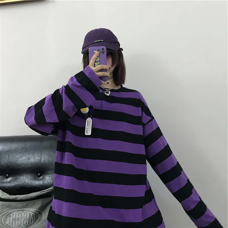 

Hoodies Women Striped Long Sleeves O-Neck Loose Womens Hoodie Harajuku Students Simple All-match Leisure Trendy Chic New Kawaii