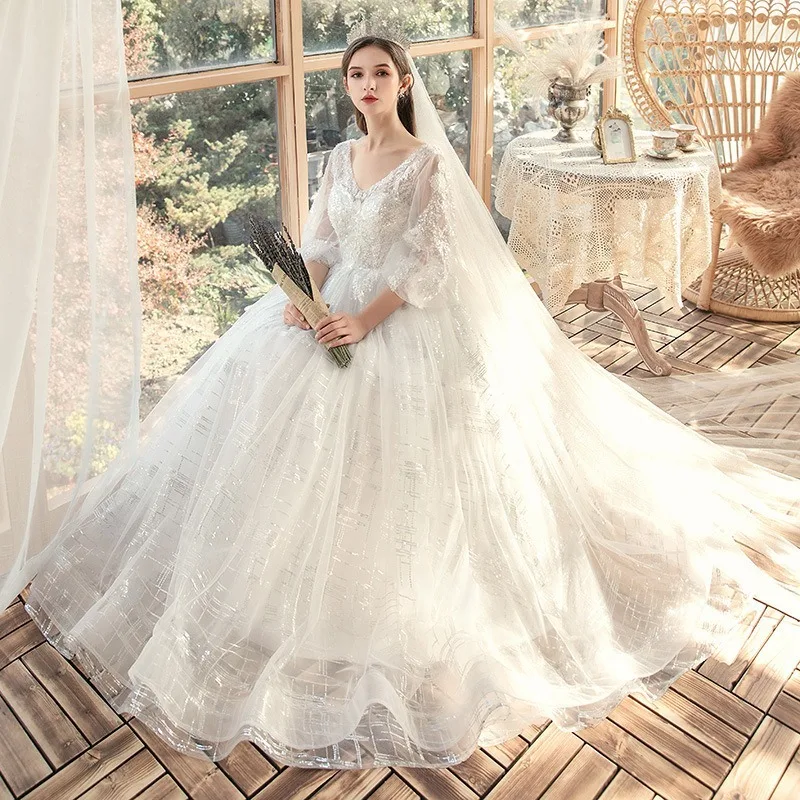 

Luxury Beading Wedding Dress 2020 New Women Pregnant Plus Size Long-sleeved Fantasy Forest Beads Sequined Wedding Dress Vestidos