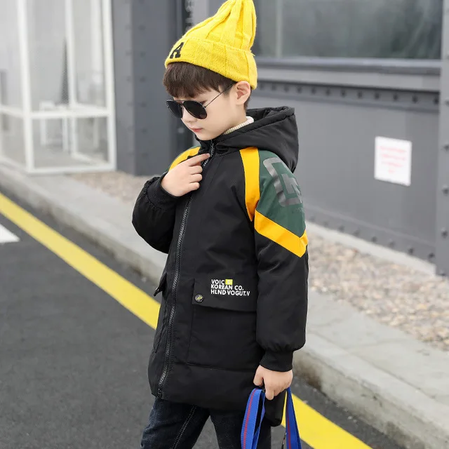 

Rlyaeiz 2019 New Winter Jacket Boys Casual Hooded Parka Coat Color Patchwork Thickening Warm Kids Winter Jacket Overcoat 4-15Y