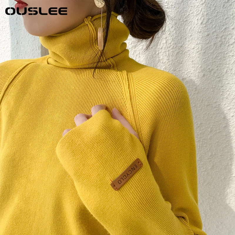 ouslee cotton turtleneck women sweater autumn winter elegant slim female knitted pullover casual stretched sweaters jumper femme free global shipping