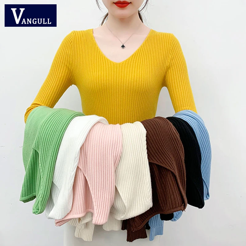 

Vangull Solid V-Neck Knitted Undershirt Pullover Women Spring Casual Thin Sweater Long Sleeve Slim Fashion Ladies Bottoming Tops