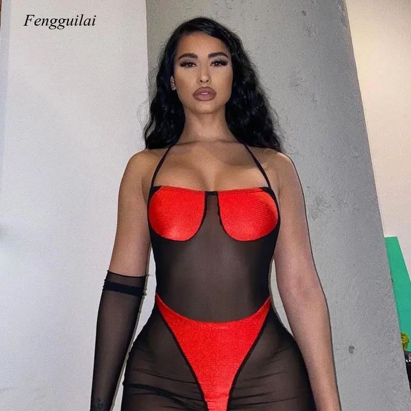 

Mesh Stitching Neck Summer Thin 2021 Spring Summer New Sexy Perspective High Street Dress