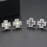 funmode cross shape shiny cubic zirconia pave gold color stud earrings for men jewelry brincos wholesale fe216