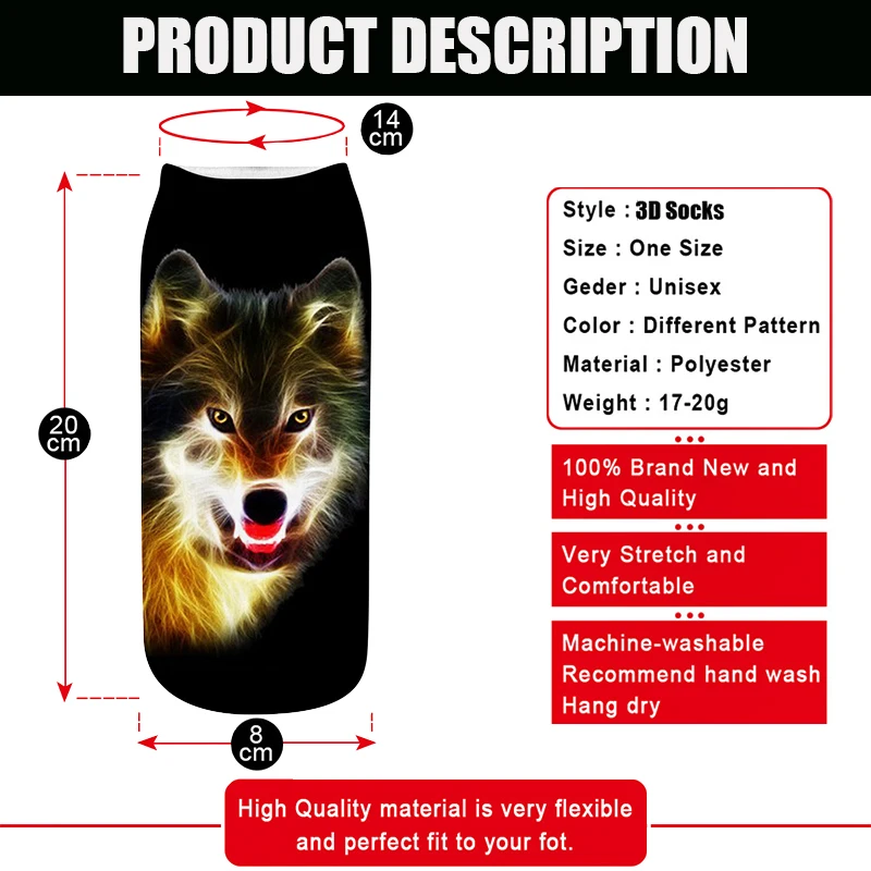 

3D Printed Socks Wolf Animals Summer Socks Unisex Short Soft Casual Cute Cotton Socks Funny