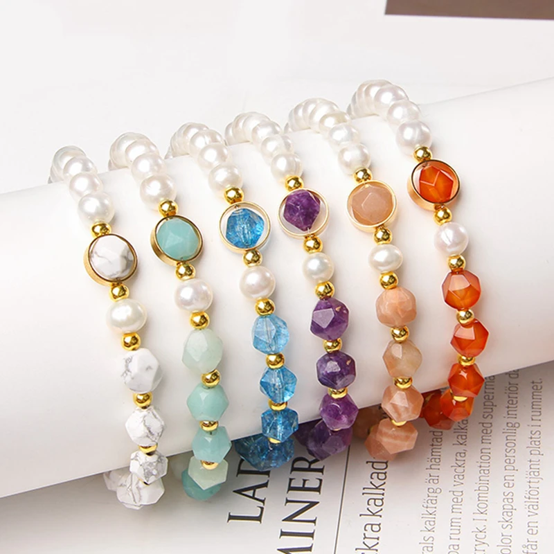

Women Natural White Freshwater Pearl Beads Bracelet Faceted Natural Amethysts Crystal Agates Stone Chain Bracelet Gift Wholesale