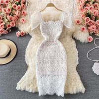 autumn women lace bodycon mini dress sexy square collar mesh short sleeve high waist party vestidos female white robe 2021 new