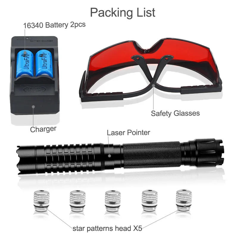 Фокусируемая Синяя лазерная указка с защитными очками (черная) 50000 м 5 в 1 1500 МВт/3000