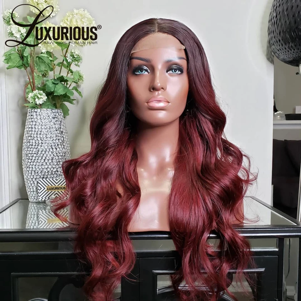 Бордовый 99J Свободная объемная волна Синтетические волосы на кружеве парик 150%