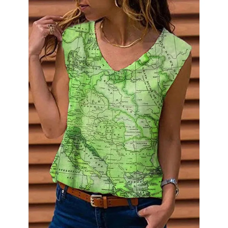 

Map Print T-shirt Top Women's Clothing Sleeveless T Shirt Vest Beach Casual Harajuku T Shirt Graphic Tee Summer Women Tops