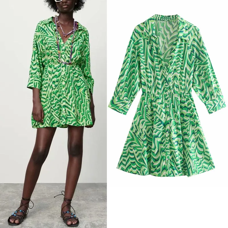 

Summer Print Casual Chirt Dress Za 2021 Vintage Lapel Single-breasted Waist Folds Desgin Fashion Half Sleeve V-neck Green Shirt