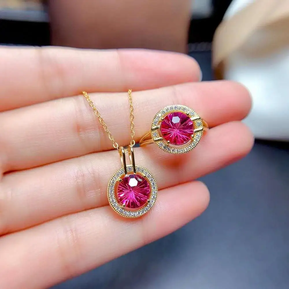 

High Quality Fireworks Topaz Ring Pendant Necklace Set S925 Pure Silver Fine Fashion Weddings Jewelry for Women MeibaPJFS