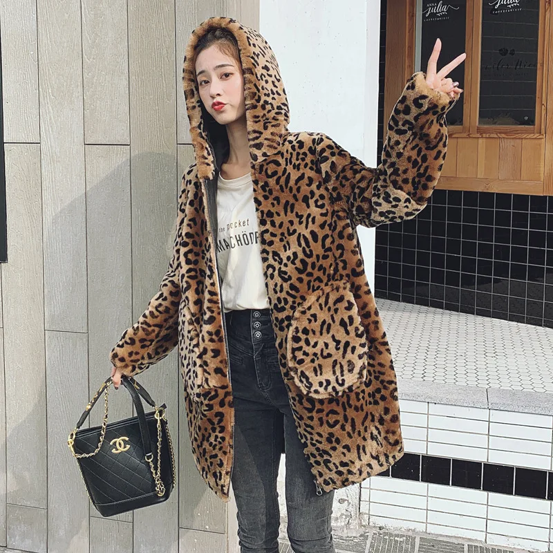 

Warm Faux Mink Fur Coat Women 2021 Winter New Leopard Print X-Long Hooded Faux Rabbit Fur Jacket Loose Overcoat