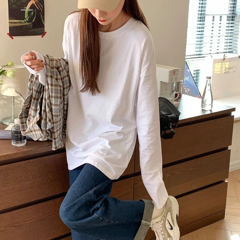 

2021 Autumn New Long Sleeve T-shirt Women's Loose White Cotton Bottomed Shirt Spring Inner Top Short Sleeve Pure White T