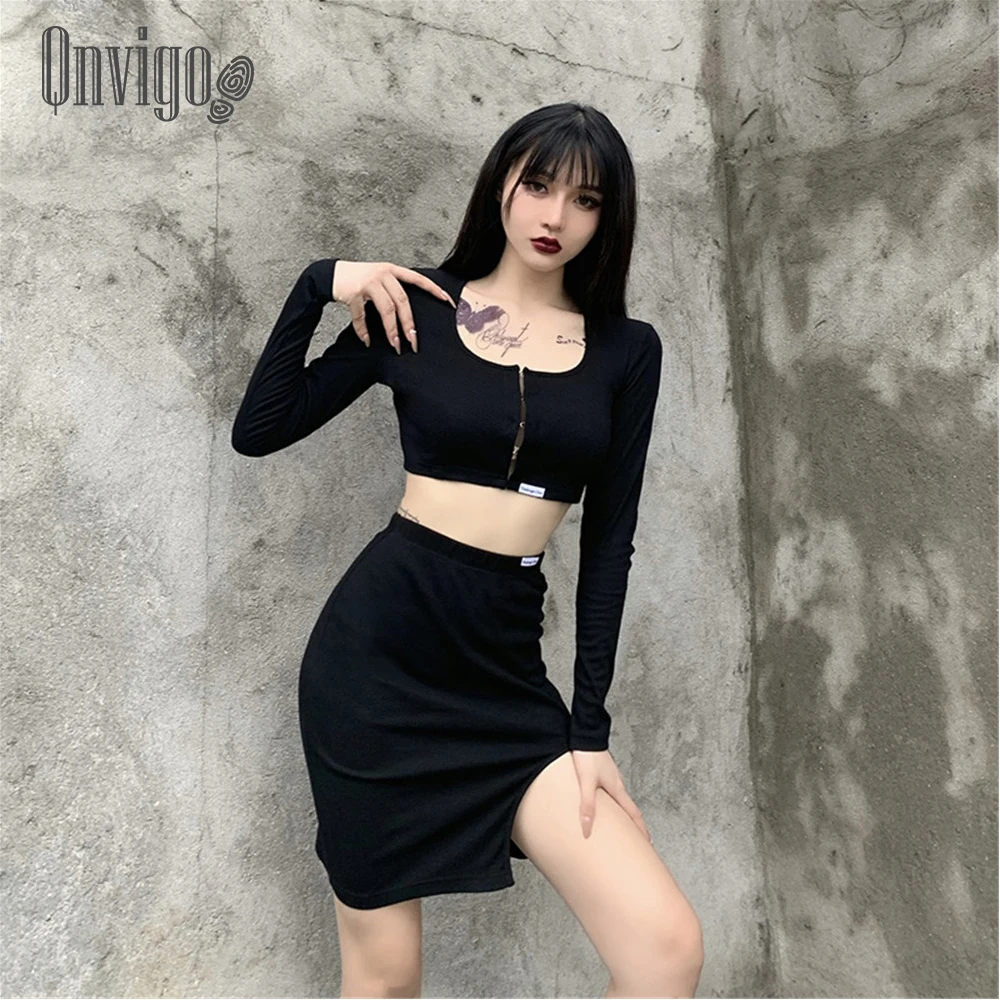 

Qnvigo Sexy Set Two-Piece Autumn Winter Vintage Skirt Ins Versatile Design Sense Sexy Buckle Font Top And Skirt Set 2020 New