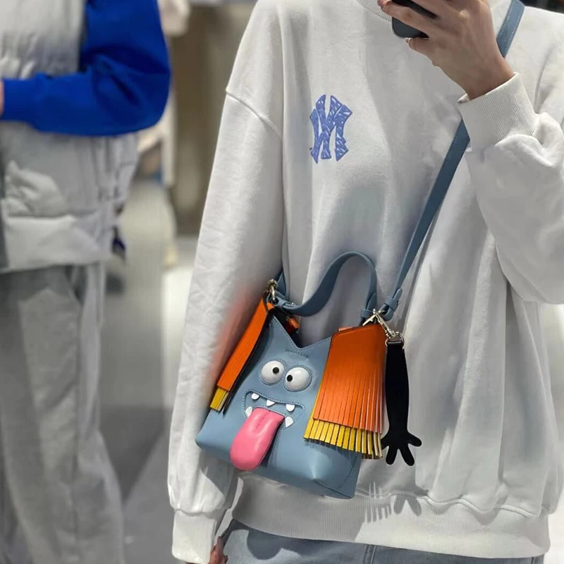 

Funny Cute Monster Pu Leather Women Bucket Bags Women's Shoulder Messenger Bag Tassel Tote Handbags Dinner Clutch Lady Handbags