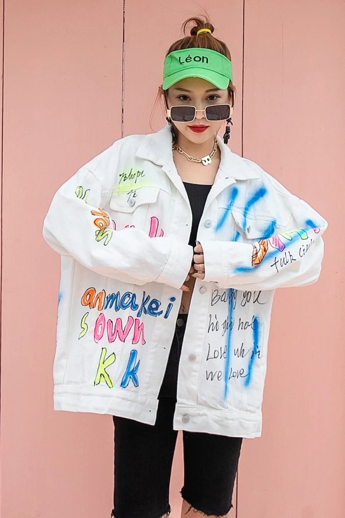 

Women's plus size denim jacket Europe station tide brand graffiti printing handmade loose denim jacket women's top