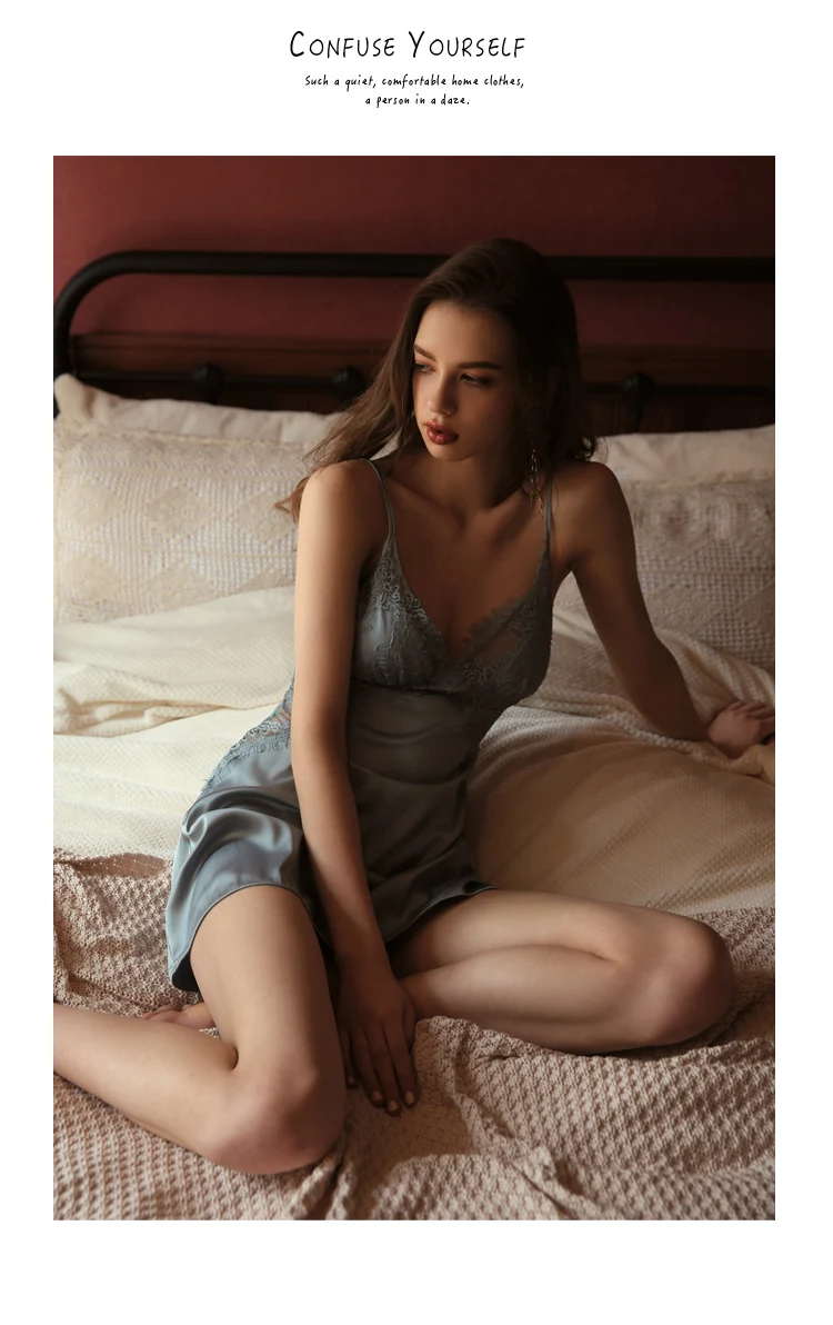 Sexy Women's Summer Nightshirt Night Dress Sleepwear Nightwear Silk Satin Nighty Lace Home Dress Nightgown Sleeping Dress