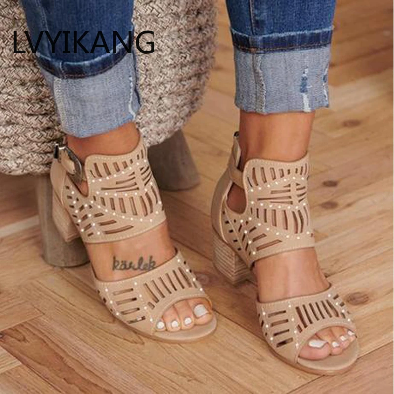 

Women Fashion Open Toe High Heel Thick Bottom Buckle Hollow Out Sandals Large Size summer sandals women sandals Gladiator shoes