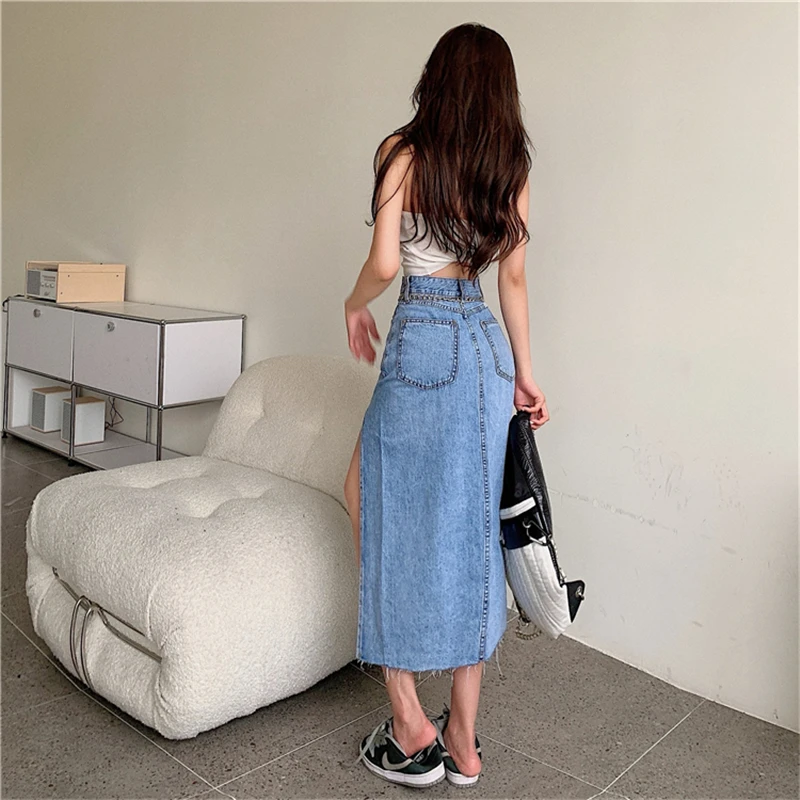 

2021 New Summer Fashion Casual Women Denim Long Skirt Solid High Waist Skirt Female Blue Package Hip Jeans Skirt Ladies Y830