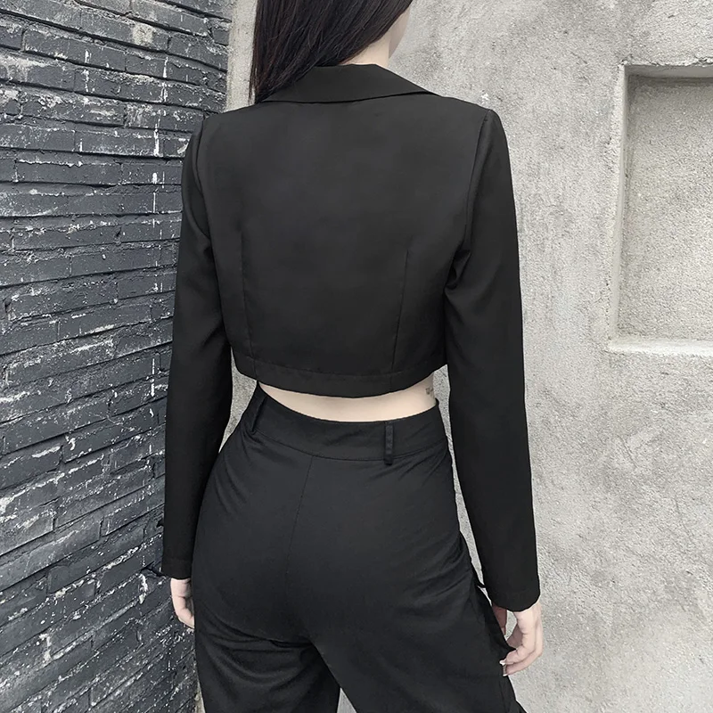

Women Punk Style Blazers Casual Metal Chain Black Suit Vintage Autumn Long Sleeve Blazer Korean Fashion Streetwear Cropped Tops