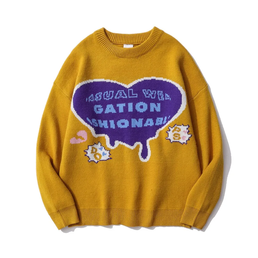 

Милые забавные желтые и зеленые Топы с длинным рукавом, вязаная зимняя одежда, Женский Свитер оверсайз с сердечками, свитшоты 2021