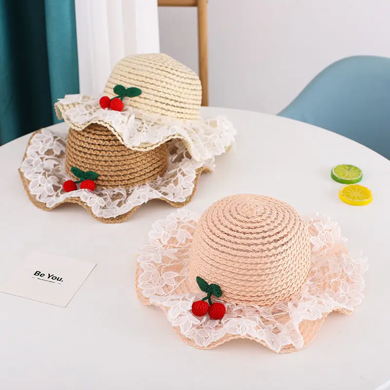 

Kids girl lace cherry Summer Bucket Hat knitting thin breathabl Beach UV Protection Round Top Sunscreen Fisherman Cap