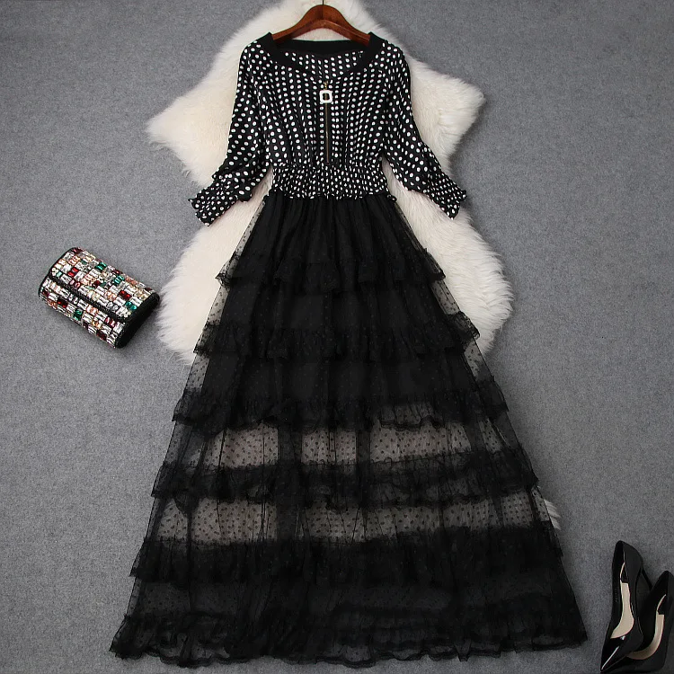 

Pieces Fashion Fake Stitching Two Lace Hollow Women Maxi Long Dress Ukraine Vestidos 2020 New Wrist Sleeves Plus Size Dresses