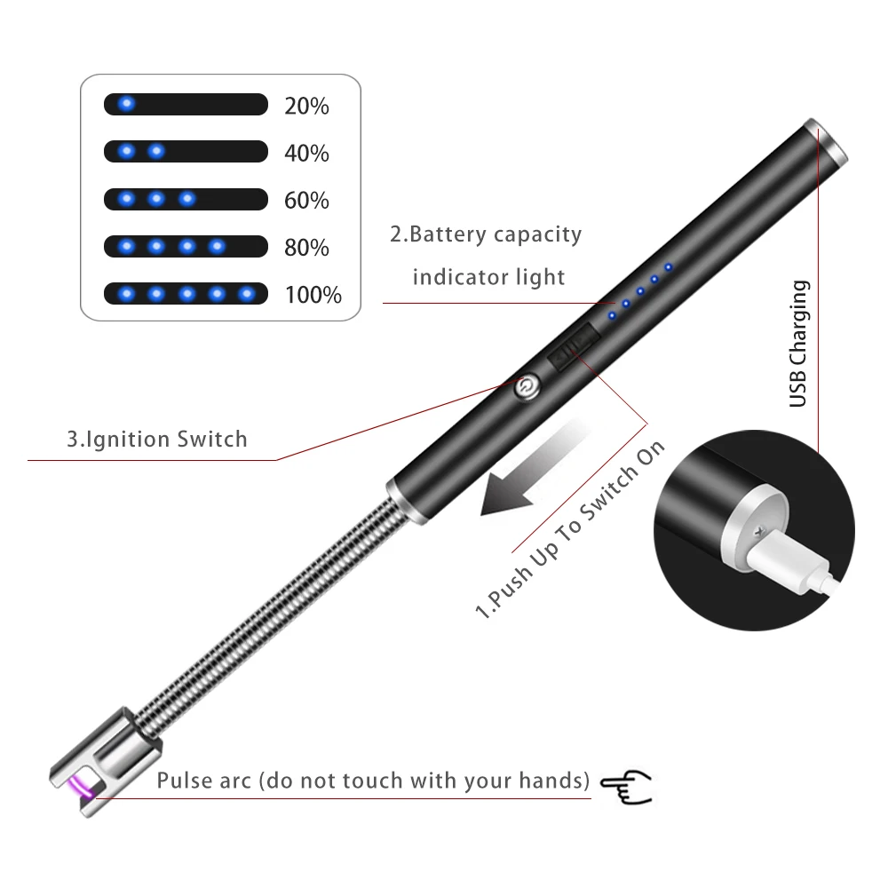 360 Rotation Long USB Electronic Lighters Rechargeable Pulse Arc Lighter Windproof Kitchen Outdoor BBQ Plasma Novelty | Дом и сад