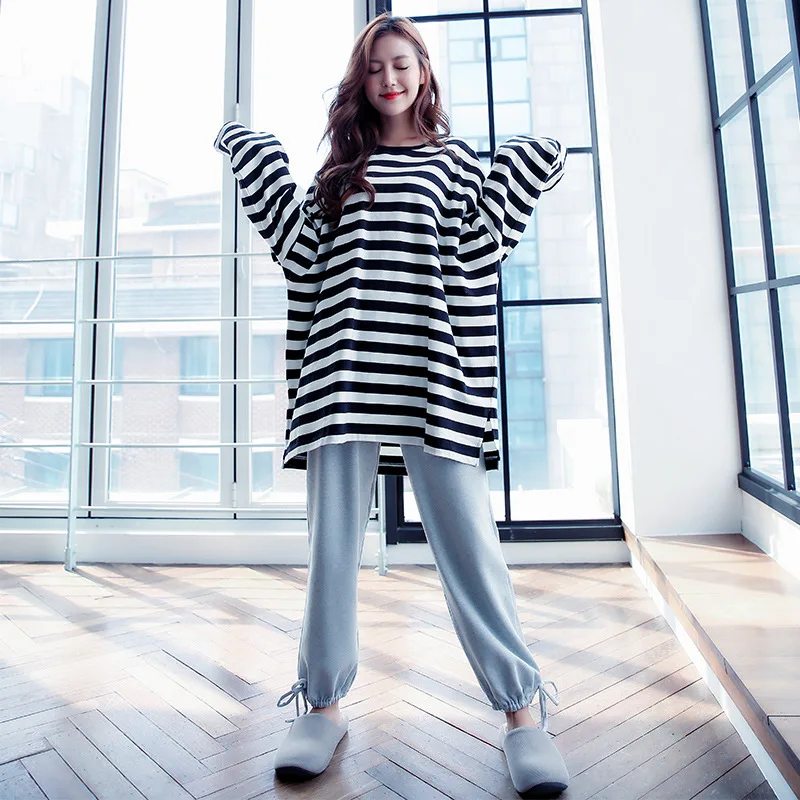 

Loose Nightgown Pajamas Suit Sexy Women Cotton Nightwear Sleepwear O-Neck Sleep Set Striped 2pcs Shirt&pant Pyjamas Home Clothes