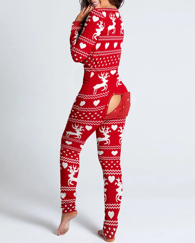 Sexy Christmas Pajama for Women New Year Jumpsuit Button-down Front Back Butt Bum Open Ass Flap Xmas Print Loungewear |